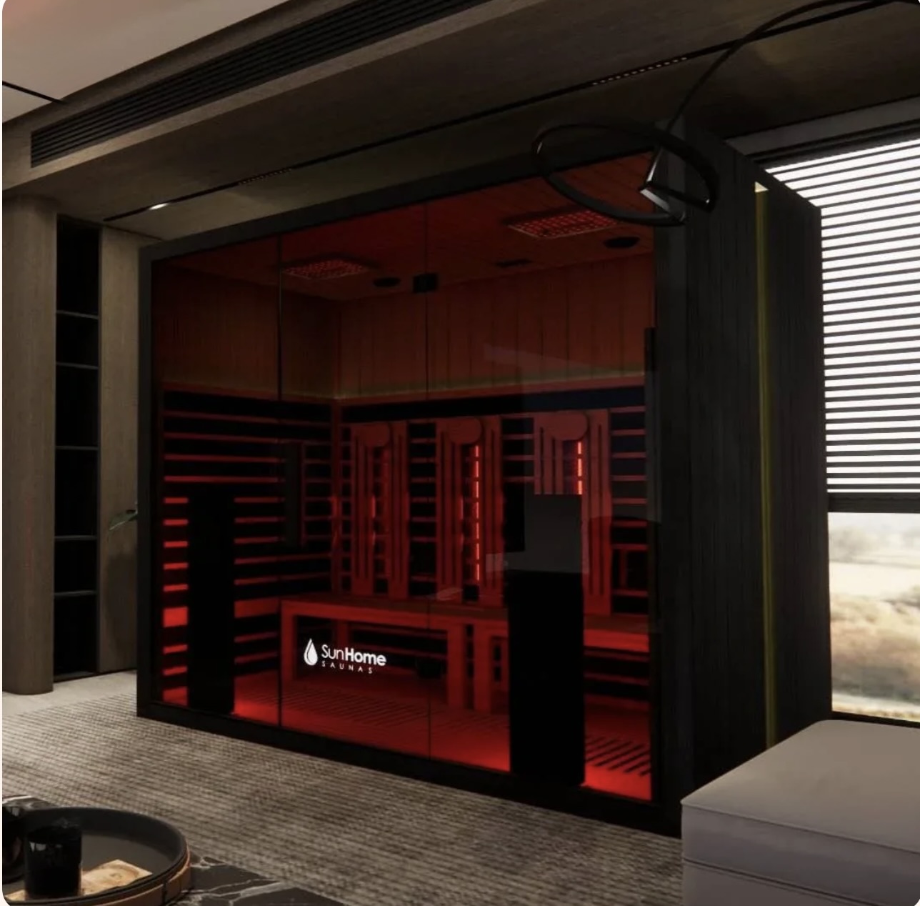 Sun Home Eclipse infrared sauna with red light panels installed in a luxury home